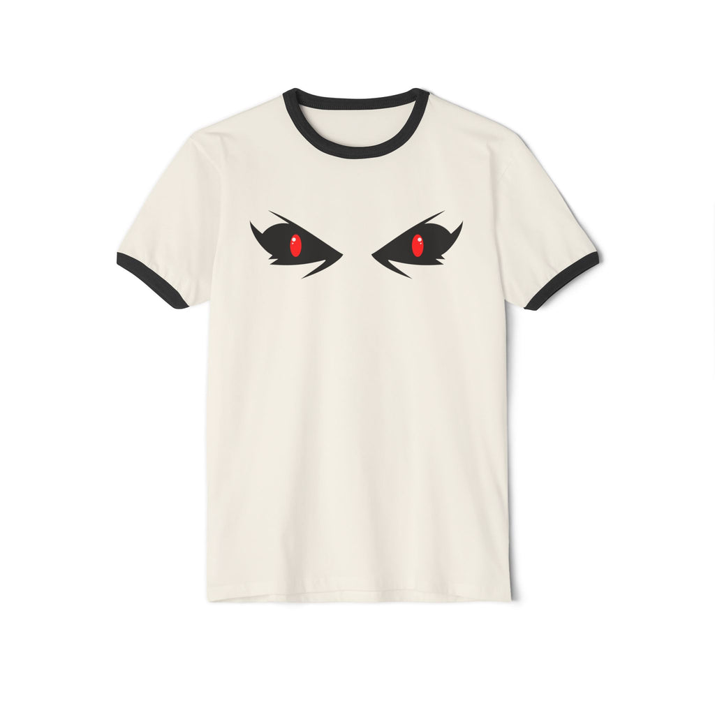 Mysterious Eyes Ringer T-Shirt, Unisex Graphic Tee, Trendy Casual Wear, Perfect for Anime Fans, Unique Gift Idea, Halloween Apparel