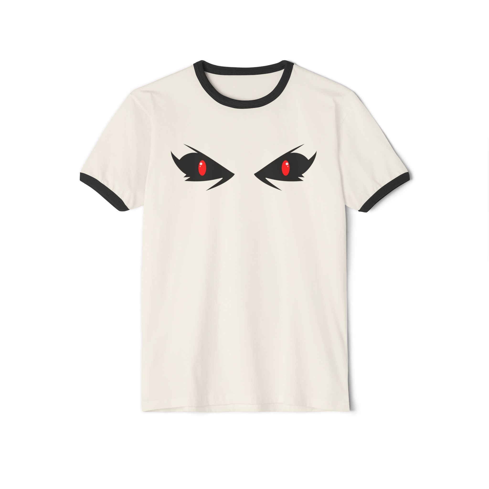 Mysterious Eyes Ringer T-Shirt, Unisex Graphic Tee, Trendy Casual Wear, Perfect for Anime Fans, Unique Gift Idea, Halloween Apparel