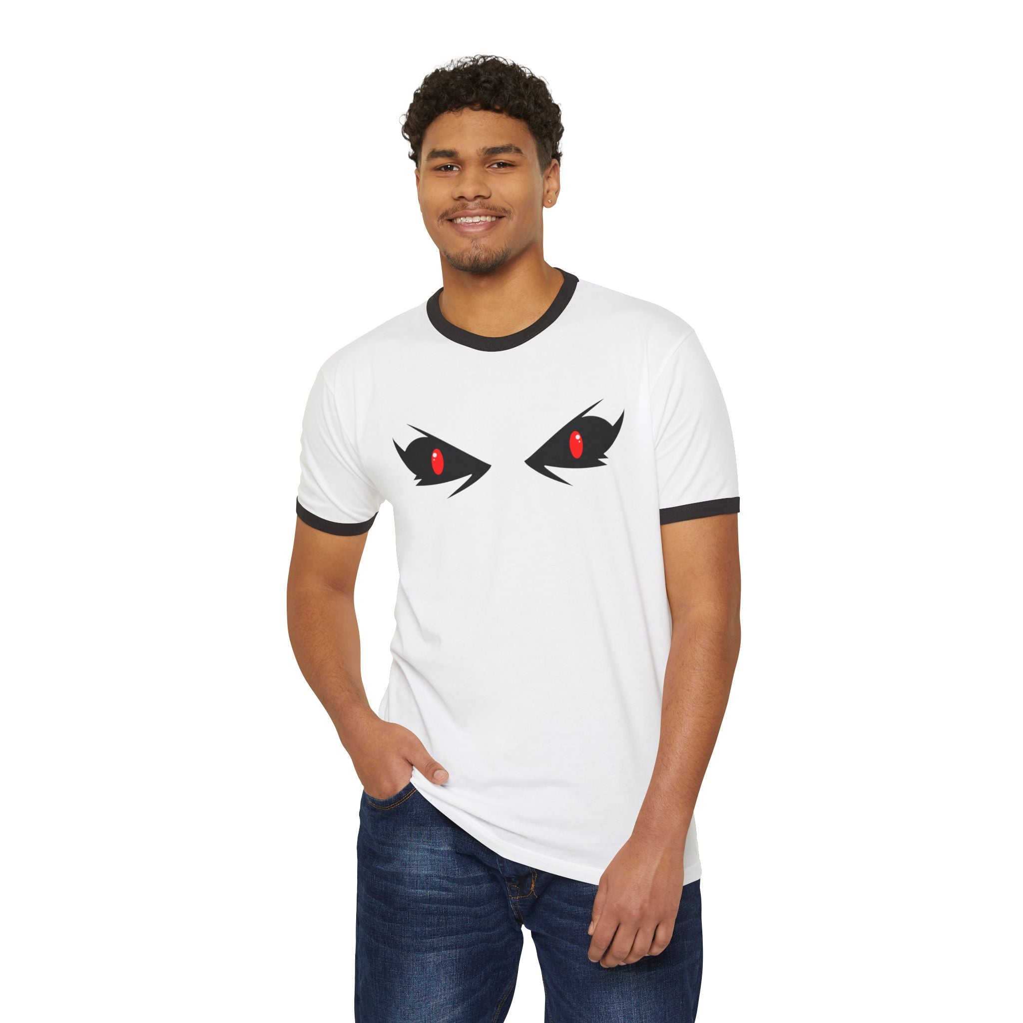 Mysterious Eyes Ringer T-Shirt, Unisex Graphic Tee, Trendy Casual Wear, Perfect for Anime Fans, Unique Gift Idea, Halloween Apparel