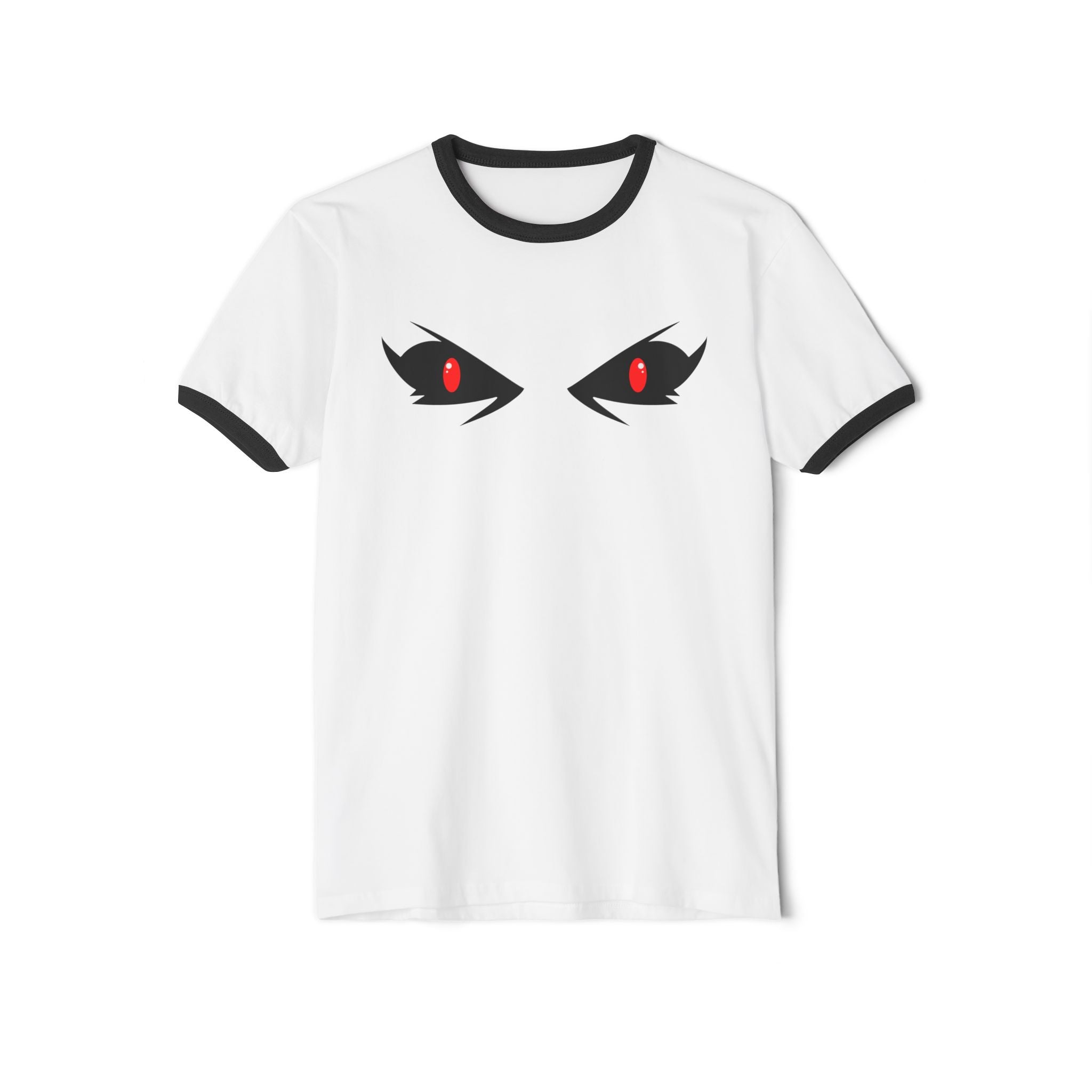 Mysterious Eyes Ringer T-Shirt, Unisex Graphic Tee, Trendy Casual Wear, Perfect for Anime Fans, Unique Gift Idea, Halloween Apparel