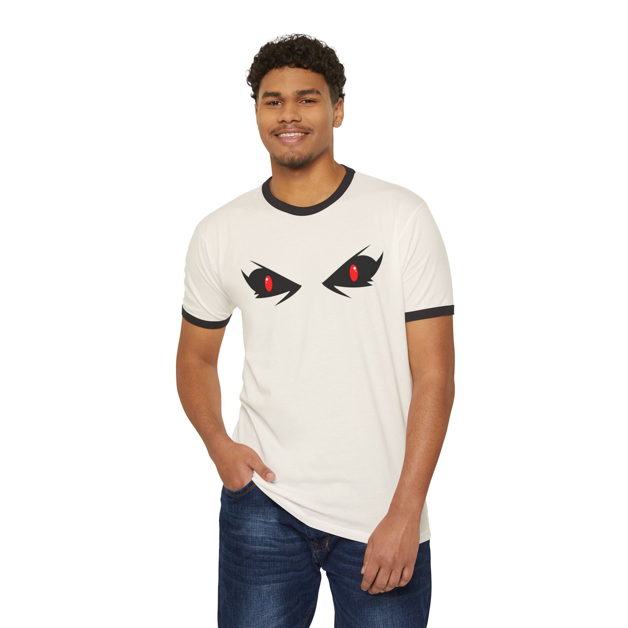 Mysterious Eyes Ringer T-Shirt, Unisex Graphic Tee, Trendy Casual Wear, Perfect for Anime Fans, Unique Gift Idea, Halloween Apparel