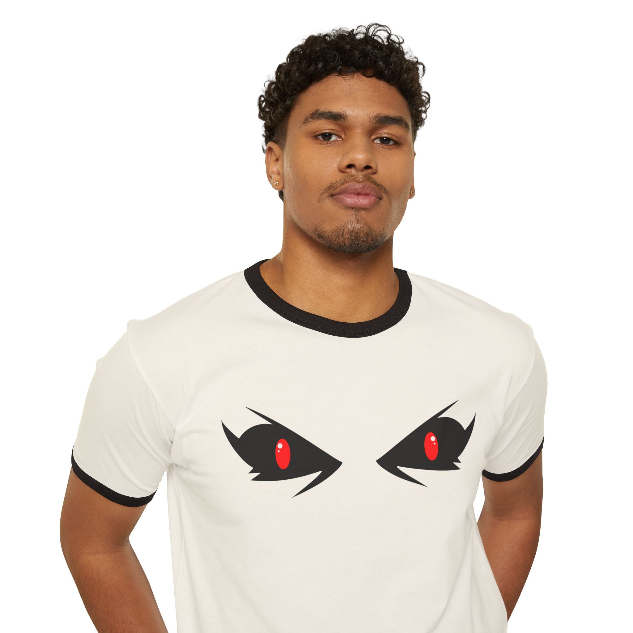 Mysterious Eyes Ringer T-Shirt, Unisex Graphic Tee, Trendy Casual Wear, Perfect for Anime Fans, Unique Gift Idea, Halloween Apparel