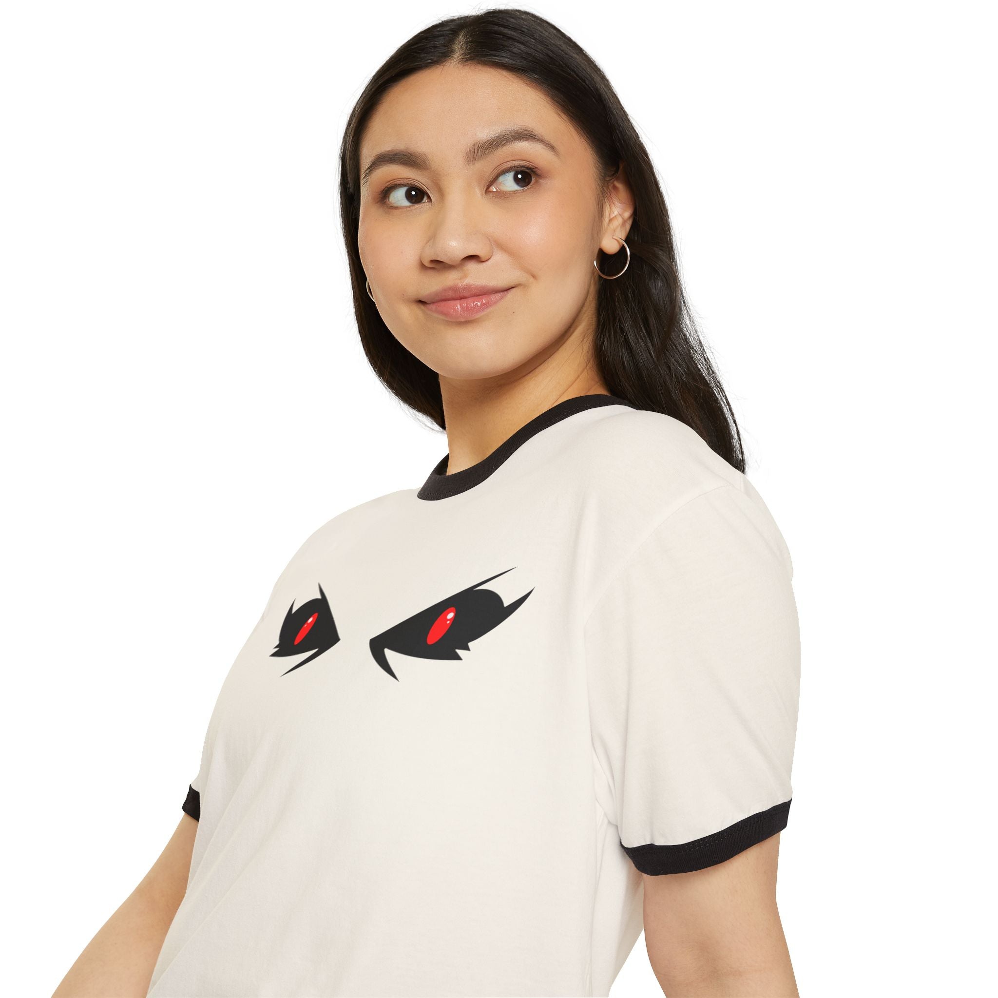 Mysterious Eyes Ringer T-Shirt, Unisex Graphic Tee, Trendy Casual Wear, Perfect for Anime Fans, Unique Gift Idea, Halloween Apparel
