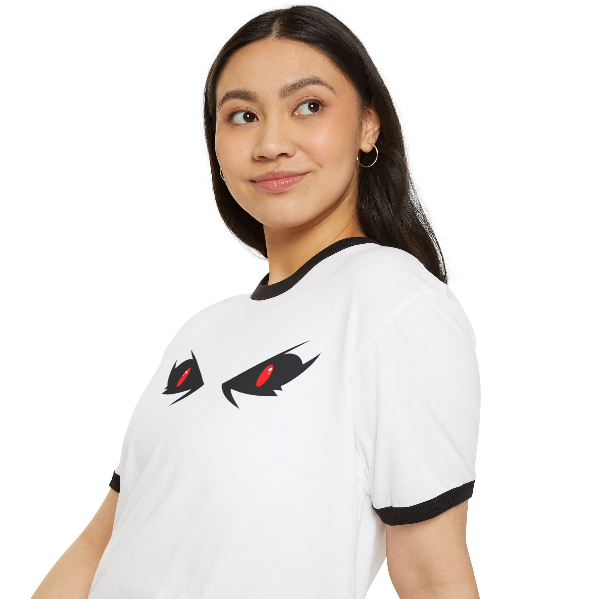 Mysterious Eyes Ringer T-Shirt, Unisex Graphic Tee, Trendy Casual Wear, Perfect for Anime Fans, Unique Gift Idea, Halloween Apparel