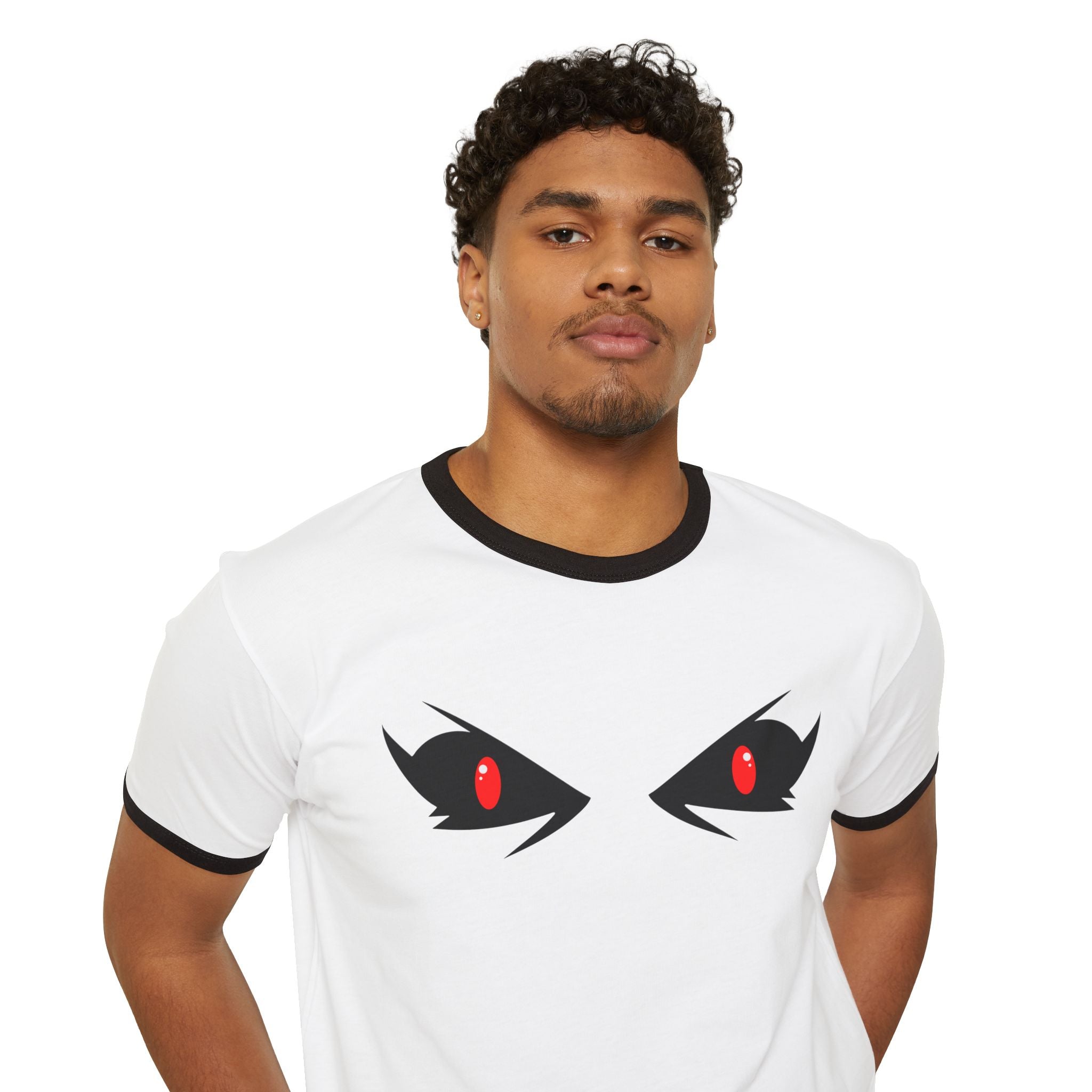 Mysterious Eyes Ringer T-Shirt, Unisex Graphic Tee, Trendy Casual Wear, Perfect for Anime Fans, Unique Gift Idea, Halloween Apparel